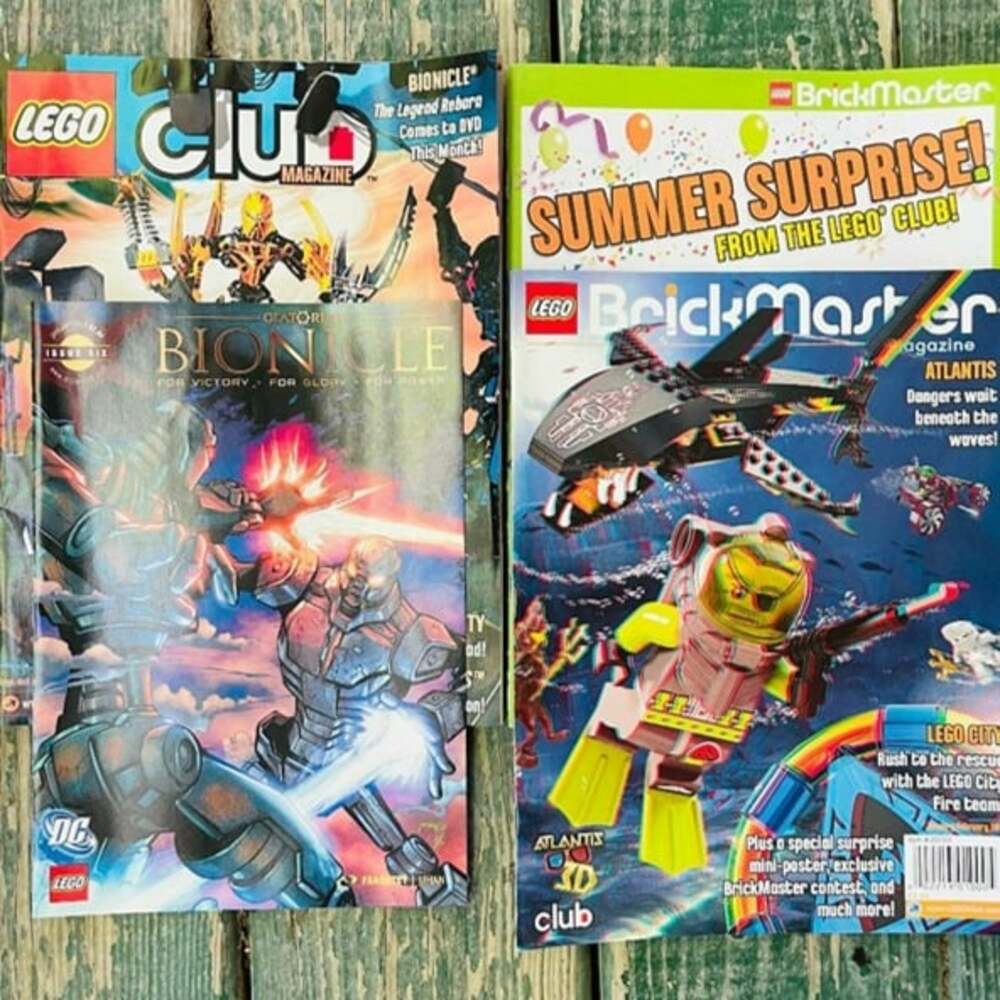 Lot of 4 Lego Magazines (2 Brickmaster/1 Lego Club/1 Bionicle) Early 2000's